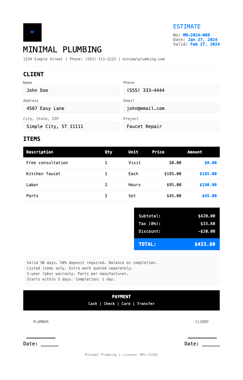 Minimalist Business plumbing estimate template